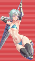 Rule 34 | 1girl, armpits, bikini, black gloves, blue bikini, blush, breasts, closed mouth, elbow gloves, gauntlets, gishu, gloves, green hair, hands up, highres, holding, holding lance, holding polearm, holding weapon, lance, large breasts, legs together, looking at viewer, navel, original, polearm, purple eyes, red background, short hair, skindentation, solo, stomach, striped, striped background, swimsuit, thighhighs, weapon