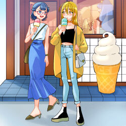 Rule 34 | 4girls, aged up, alternate hair length, alternate hairstyle, arisugawa himari, bag, black footwear, black shirt, blonde hair, blue hair, blue skirt, bob cut, bow, braid, bright pupils, brown footwear, brown hair, carrying, choker, coat, commentary, denim, dress, food, glasses, grey skirt, hair bow, half updo, handbag, high-waist skirt, holding, holding food, hugtto! precure, ice cream cone, in-franchise crossover, jeans, kirakira precure a la mode, light frown, long hair, long skirt, long sleeves, looking at another, looking back, low twin braids, low twintails, midriff, multiple girls, no socks, open clothes, open coat, open mouth, orange choker, outdoors, pants, pencil skirt, precure, purple-framed eyewear, sandals, shirt, shoes, short hair, skirt, sleeveless, sleeveless shirt, smile, standing, tategami aoi, ton (ton39342104), twin braids, twintails, walking, watch, white pants, white pupils, white shirt, wristwatch, yellow bow, yellow coat, yellow dress, yellow eyes