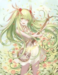 Rule 34 | 1girl, :d, absurdres, bad id, bad pixiv id, blue sky, breasts, cleavage, day, flower, fur collar, green hair, guitar, hair between eyes, hair flower, hair ornament, highres, instrument, jewelry, leaf, medium breasts, motion lines, music, necklace, open mouth, original, outdoors, petals, playing instrument, rinmmo, skirt, sky, smile, standing, twintails, white skirt, yellow eyes