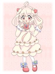 Rule 34 | 1girl, absurdres, ahoge, alcremie, alcremie (strawberry sweet), alcremie (vanilla cream), artist name, blonde hair, blue bow, blush, bow, bowtie, buttons, child, clover, creatures (company), dress, female focus, flat chest, food-themed hair ornament, footwear bow, four-leaf clover, full body, game freak, gen 8 pokemon, hair ornament, hair rings, hands up, happy, heart, heart button, heel up, highres, humanization, index finger raised, juliet sleeves, long sleeves, looking at viewer, medium hair, meru (mer milky77), nintendo, open mouth, pantyhose, pink background, pokemon, puffy sleeves, red bow, red bowtie, red eyes, red footwear, shoes, sidelocks, signature, smile, solo, standing, star (symbol), strawberry hair ornament, striped, striped bow, twitter username, white pantyhose, yellow dress