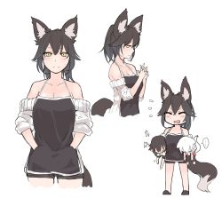 Rule 34 | 1girl, animal ears, apron, bare shoulders, black hair, breasts, child, cleavage, fox ears, fox tail, ganesagi, hands in pockets, holding, interlocked fingers, medium breasts, nanashi (ganesagi), nanashi (shirogane usagi), original, ponytail, short hair, short shorts, shorts, sleeves rolled up, smile, sweater, tail, yellow eyes
