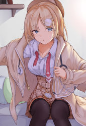 Rule 34 | 1girl, absurdres, black thighhighs, blonde hair, blue eyes, bookshelf, breasts, coat, collared shirt, dressing, eyes visible through hair, hair ornament, hat, highres, hololive, hololive english, long sleeves, looking at viewer, necktie, open mouth, plaid, plaid skirt, pleated skirt, pocket watch, red necktie, shirt, shirt tucked in, shiunnkaku, short hair, sitting, skirt, solo, stethoscope, thighhighs, unworn necktie, virtual youtuber, watch, watson amelia, watson amelia (1st costume), white shirt