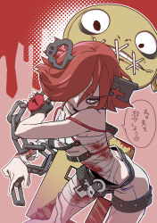 Rule 34 | 1girl, a.b.a, absurdres, bandaged arm, bandages, bare shoulders, belt, belt buckle, black gloves, blood, blood on clothes, blood stain, bloody weapon, blue eyes, buckle, chain, eyeliner, gloves, guilty gear, guilty gear xx, heart, highres, kawayabug, key, key in head, keyhole, lipstick, makeup, messy hair, object through head, paracelsus (guilty gear), purple lips, red hair, sarashi, short hair, shorts, speech bubble, stitched mouth, stitches, translation request, weapon, white shorts
