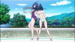 Rule 34 | 10s, 2girls, animated, animated gif, ass, bikini, black hair, butt battle, competition swimsuit, frilled bikini, frills, hip attack, kaminashi nozomi, keijo!!!!!!!!, kyoko shirayuki, lowres, multicolored hair, multiple girls, one-piece swimsuit, ponytail, side-tie bikini bottom, subtitled, swimsuit, two-tone hair, water