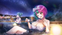 :3 alcohol bath bathing blush bob_cut breasts bucket choko_(cup) cityscape cleavage covering_privates cup diagonal_bangs dolphin_wave game_cg green_hair hair_bun helly_lewis highres kishimen_hair large_breasts long_hair medium_hair multicolored_hair naked_towel night night_sky non-web_source nude nude_cover official_alternate_costume official_art one_eye_closed onsen ootomo_takuji open_mouth partially_submerged pink_hair rock sake selena_lewis shared_bathing siblings single_hair_bun sisters sky smile split-color_hair steam towel towel_bow two-tone_hair water wet_towel wooden_bucket yellow_eyes