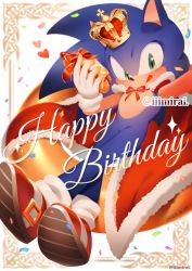 Rule 34 | 1boy, bad id, bad pixiv id, cape, commentary request, crown, food, furry, furry male, gloves, green eyes, happy birthday, heart, holding, holding food, hot dog, iiimirai, licking lips, male focus, red cape, red footwear, red ribbon, ribbon, solo, sonic (series), sonic the hedgehog, tongue, tongue out, white gloves