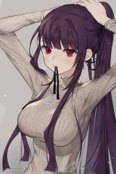 Rule 34 | 1girl, arms up, bad id, bad pixiv id, blunt bangs, breasts, girls&#039; frontline, gradient background, highres, impossible clothes, impossible sweater, large breasts, long hair, long sleeves, looking at viewer, mouth hold, myoushun, ponytail, purple hair, red eyes, ribbed sweater, ribbon, ribbon in mouth, sidelocks, simple background, solo, sweater, turtleneck, turtleneck sweater, tying hair, upper body, wa2000 (girls&#039; frontline)