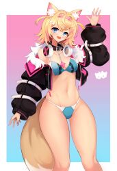 Rule 34 | 1girl, ahoge, animal ear fluff, animal ears, black jacket, blonde hair, blue eyes, breasts, chain, collar, collarbone, cropped jacket, dog ears, dog girl, dog tail, fur-trimmed jacket, fur trim, hair ornament, headband, headphones, headphones around neck, highres, hololive, hololive english, jacket, looking at viewer, mococo abyssgard, mococo abyssgard (1st costume), multicolored hair, navel, notte, open mouth, pink background, pink hair, short hair, small breasts, solo, streaked hair, swimsuit, tail, two side up, virtual youtuber, x hair ornament
