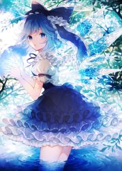 Rule 34 | 1girl, bare tree, blue eyes, blue hair, bow, cirno, embellished costume, hair bow, highres, ice, ice wings, namakuby, plant, puffy short sleeves, puffy sleeves, short sleeves, solo, touhou, tree, wading, water, wings
