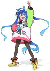 Rule 34 | 1girl, ahoge, animal ears, aqua hair, arm up, black pantyhose, black ribbon, blue eyes, blue hair, boots, clenched teeth, coat, commentary request, full body, gradient hair, hair between eyes, hair ribbon, highres, horse ears, horse girl, horse tail, long hair, multicolored coat, multicolored hair, nametake, open mouth, pantyhose, ribbon, simple background, solo, standing, tail, teeth, twin turbo (umamusume), twintails, umamusume, very long hair, white background, white ribbon, yellow footwear