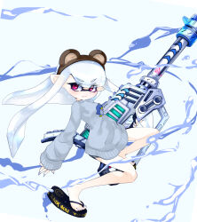 Rule 34 | 1girl, black footwear, brown hairband, closed mouth, commentary, english commentary, eyebrows hidden by hair, eyelashes, fang, full body, grey sweater, gun, hairband, highres, holding, holding gun, holding weapon, huge weapon, inkling, inkling girl, inkling player character, kiss my eyelidz, long hair, nintendo, paint, pointy ears, print sweater, rapid blaster pro (splatoon), red eyes, sandals, simple background, skin fang, smile, solo, splatoon (series), splatoon 3, sweater, tentacle hair, v-shaped eyebrows, weapon, white background, white hair