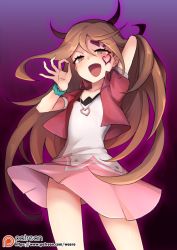 Rule 34 | 1girl, :d, blush, brown hair, dress, jacket, jewelry, kagami tina, long hair, looking at viewer, md5 mismatch, mushiking, necklace, open mouth, purple eyes, resolution mismatch, smile, solo, source larger, waero, watermark, web address