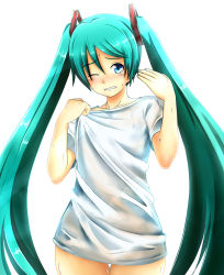 Rule 34 | 1girl, baretto (karasi07), blue eyes, blue hair, collarbone, dress shirt, hair ornament, hatsune miku, highres, long hair, looking at viewer, matching hair/eyes, one eye closed, shirt, simple background, solo, twintails, vocaloid, wet, wet clothes, wet shirt, white background, white shirt