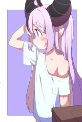 Rule 34 | 1girl, absurdres, ahoge, arm behind head, arm up, blush stickers, braid, braided bangs, closed mouth, commentary, demon horns, highres, hololive, horns, la+ darknesss, looking away, off shoulder, okota mikan, pink hair, pointy ears, purple background, purple eyes, shirt, short sleeves, solo, two-tone background, virtual youtuber, white background, white shirt
