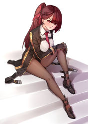 Rule 34 | 1girl, absurdres, asymmetrical bangs, between breasts, black footwear, blush, bra visible through clothes, braid, breasts, brown hair, closed mouth, girls&#039; frontline, half updo, highres, jacket, knee up, large breasts, long hair, looking at viewer, naidong (artist), necktie, necktie between breasts, open clothes, open jacket, pantyhose, ponytail, red eyes, red necktie, see-through, shoes, sitting, solo, stairs, tsurime, wa2000 (girls&#039; frontline)