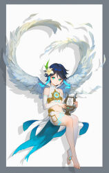 Rule 34 | 1boy, absurdres, aqua eyes, barefoot, black hair, blue hair, braid, bridal gauntlets, capelet, chest tattoo, crop top, elbow gloves, feathered wings, flower, genshin impact, gloves, gold trim, hair flower, hair ornament, highres, holding, holding instrument, hood, hooded capelet, instrument, leg tattoo, lyre, male focus, momo j, official alternate costume, short hair with long locks, shorts, single thighhigh, smile, solo, tachi-e, tattoo, thighhighs, toeless legwear, twin braids, venti (archon) (genshin impact), venti (genshin impact), white flower, white gloves, white shorts, white wings, wings