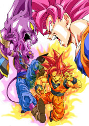 Rule 34 | 2boys, aura, battle, beerus, dragon ball, dragonball z, dragonball z battle of gods, fighting, god of destruction beerus, highres, looking at another, multiple boys, red eyes, red hair, son goku, spiked hair, super saiyan, super saiyan god, wristband