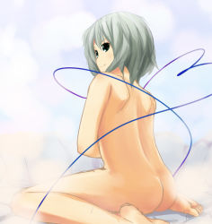 Rule 34 | 1girl, akai ronii, ass, back, bad id, bad pixiv id, barefoot, closed mouth, completely nude, feet, female focus, green eyes, green hair, heart, heart of string, komeiji koishi, looking back, matching hair/eyes, nude, onsen, short hair, sitting, smile, solo, steam, touhou, wariza