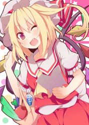 Rule 34 | 1girl, ;d, apple, ascot, bag, blonde hair, fang, flandre scarlet, food, fruit, hat, hat ribbon, highres, kan lee, looking at viewer, mob cap, one eye closed, open mouth, paper, puffy sleeves, red eyes, ribbon, shirt, shopping bag, short sleeves, side ponytail, skirt, smile, solo, spring onion, touhou, vest, wings, wink