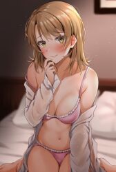 Rule 34 | 1girl, bed, blurry, blurry background, blush, bow, bow bra, bra, breasts, brown hair, cleavage, closed mouth, collarbone, commentary request, cowboy shot, depth of field, eyes visible through hair, frilled bra, frilled panties, frills, highres, indoors, isshiki iroha, kitaku (nakamachi machi), large breasts, light particles, looking at viewer, medium hair, navel, on bed, open clothes, open shirt, panties, pillow, pink bra, pink panties, shirt, sitting, solo, underwear, undressing, wariza, wavy mouth, white shirt, yahari ore no seishun lovecome wa machigatteiru., yellow eyes