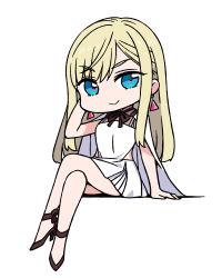 Rule 34 | &gt;:), 1girl, blonde hair, blue eyes, brown footwear, cape, chan co, closed mouth, crossed legs, dress, earrings, full body, gigi andalusia, gundam, gundam hathaway&#039;s flash, hand up, high heels, highres, jewelry, long hair, looking at viewer, pleated dress, shoes, sitting, sleeveless, sleeveless dress, smile, solo, v-shaped eyebrows, very long hair, white background, white cape, white dress