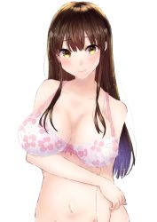 Rule 34 | 1girl, akagi (kancolle), blush, bra, breasts, brown hair, cleavage, highres, kantai collection, large breasts, long hair, looking at viewer, midriff, mochiko (mocchikkoo), navel, pink bra, simple background, smile, solo, straight hair, underwear, underwear only, upper body, white background, yellow eyes