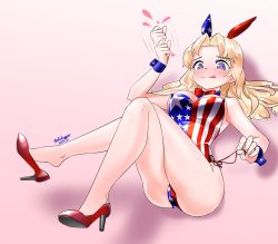 Rule 34 | 1girl, absurdres, american flag, american flag print, animal ears, artist name, ass, blonde hair, blue eyes, blush, bow, bowtie, breasts, cleavage, dated, didagger, fake animal ears, flag print, girls und panzer, heart, heart-shaped pupils, high heels, highres, kay (girls und panzer), large breasts, leotard, long hair, pink background, playboy bunny, rabbit ears, red bow, red bowtie, red footwear, simple background, smile, solo, symbol-shaped pupils, tongue, tongue out