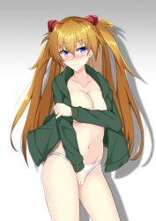 Rule 34 | 1girl, blue eyes, breasts, brown hair, cleavage, covering breasts, covering crotch, covering privates, embarrassed, evangelion: 3.0+1.0 thrice upon a time, frown, green jacket, hair ornament, hairclip, jacket, jewelry, large breasts, legs, long hair, looking away, navel, neon genesis evangelion, no bra, no pants, open clothes, open jacket, panties, rebuild of evangelion, ring, solo, souryuu asuka langley, twintails, underwear, very long hair, white panties, wide hips