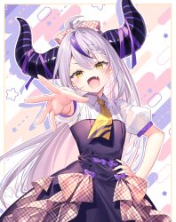 Rule 34 | 1girl, ahoge, black horns, blonde hair, bow, braid, collared dress, dress, fang, flat chest, grey hair, hair bow, hand on own hip, hololive, horn ornament, horn ribbon, horns, la+ darknesss, la+ darknesss (1st costume), large horns, long hair, multicolored clothes, multicolored dress, multicolored hair, necktie, open mouth, plaid, plaid bow, purple bow, purple hair, reaching, reaching towards viewer, ribbon, riichu, see-through, see-through sleeves, slit pupils, solo, star (symbol), streaked hair, striped horns, virtual youtuber, yellow necktie