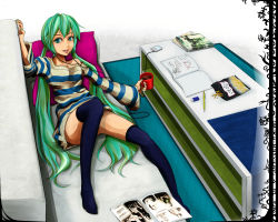 Rule 34 | 1girl, book, couch, cup, digital media player, dress, earbuds, earphones, eraser, female focus, food, full body, green eyes, green hair, hatsune miku, indoors, ipod, kinoukyouasita, long hair, lying, matching hair/eyes, mug, notebook, pencil, solo, sweater, sweater dress, thighhighs, twintails, very long hair, vocaloid
