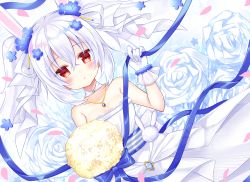 Rule 34 | 1girl, :o, animal ears, azur lane, bare shoulders, blue flower, bouquet, breasts, bride, collarbone, commentary request, dress, flower, gloves, hair between eyes, hair flower, hair ornament, hair ribbon, hand up, highres, jewelry, laffey (azur lane), laffey (white rabbit&#039;s oath) (azur lane), long hair, looking at viewer, official alternate costume, parted lips, pendant, rabbit ears, red eyes, ribbon, rose, shikito (yawa0w0), small breasts, solo, strapless, strapless dress, twintails, very long hair, wedding dress, white dress, white flower, white gloves, white hair, white ribbon, white rose, yellow flower