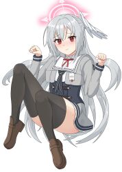 Rule 34 | 1girl, black thighhighs, blue archive, blush, bow, bowtie, brown footwear, closed mouth, full body, grey hair, grey jacket, grey skirt, halo, head wings, highres, jacket, long hair, long sleeves, looking at viewer, red bow, red bowtie, red eyes, school uniform, simple background, single head wing, skirt, solo, suzumi (blue archive), thighhighs, very long hair, white background, white wings, wings, zeno (user nagc3234)