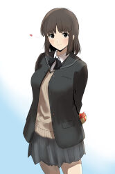Rule 34 | 1girl, absurdres, amagami, arms behind back, black bow, black bowtie, black jacket, black sailor collar, blazer, bow, bowtie, box, brown eyes, brown hair, brown sweater, closed mouth, collared shirt, gift, gift box, gradient background, grey skirt, gyuunyuu pack (tanaka), heart, highres, holding, holding gift, jacket, kibito high school uniform, long sleeves, looking at viewer, medium hair, pleated skirt, sailor collar, school uniform, shirt, skirt, solo, standing, sweater, tanaka keiko (amagami), white shirt