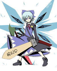 Rule 34 | 1girl, adapted costume, advent cirno, blue eyes, blue hair, bow, character name, cirno, dual wielding, gloves, hair bow, holding, ice, ice wings, long sleeves, matching hair/eyes, nitoro-star, puffy sleeves, short sleeves, smile, solo, sword, touhou, weapon, wings
