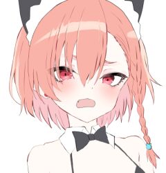 Rule 34 | 1girl, animal ears, bare shoulders, bikini, black bikini, black bow, black bowtie, blue archive, blush, bow, bowtie, braid, dot nose, earrings, fake animal ears, fang, hair between eyes, jewelry, looking at viewer, lowres, maid headdress, neru (blue archive), open mouth, orange hair, red eyes, short hair, simple background, solo, swimsuit, usamiusamimii, white background