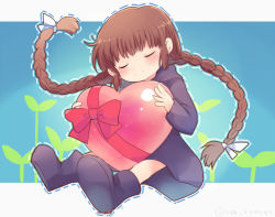 Rule 34 | black footwear, black robe, blue background, blush, boots, bow, braid, brown hair, closed eyes, full body, heart, holding, holding heart, kukuri (mahoujin guruguru), long hair, mahoujin guruguru, red bow, robe, simple background, sitting, solo, twin braids, xox xxxxxx