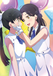 Rule 34 | 2girls, abstract background, absurdres, al aoi aoba, black hair, bow, collared dress, commentary, cuff links, curtained hair, dress, gloves, hair bow, half updo, hands on another&#039;s cheeks, hands on another&#039;s face, hazuki hana, hazuki ren, highres, holding another&#039;s head, long hair, love live!, love live! superstar!!, matching outfits, mother and daughter, multiple girls, sleeveless, sleeveless dress, tears, white bow, white dress, white gloves, wish song, yellow eyes