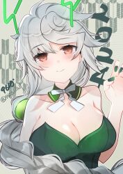 Rule 34 | 1girl, 2024, 9610 (kuroto), asymmetrical hair, blush, braid, braided ponytail, breasts, dragon horns, green leotard, green nails, grey background, highres, horns, kantai collection, large breasts, leotard, long hair, looking at viewer, single braid, smile, solo, strapless, strapless leotard, twitter username, unryuu (kancolle), upper body, very long hair, wavy hair, white hair, yellow eyes