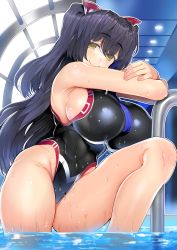 Rule 34 | 1girl, absurdres, bad anatomy, bare arms, black hair, black one-piece swimsuit, breasts, brown eyes, char, closed mouth, covered navel, groin, highleg, highleg swimsuit, highres, hip bones, large breasts, leotard, long hair, looking at viewer, monocle, one-piece swimsuit, original, pool, sideboob, smile, solo, swimsuit, thighs, two side up, water, wet