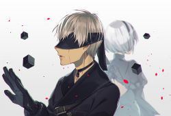 Rule 34 | 1boy, 1girl, android, blindfold, blood, bloody tears, choker, cube, dress, gloves, gradient background, highres, jacket, juliet sleeves, lips, long sleeves, nier (series), nier:automata, oune (siroiobap), pale skin, puffy sleeves, short hair, strap, white hair, 2b (nier:automata), 9s (nier:automata)