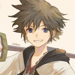 Rule 34 | 1boy, black hair, blue eyes, character name, fujie-yz, grin, hair between eyes, highres, holding, holding weapon, jacket, keyblade, kingdom hearts, male focus, over shoulder, portrait, simple background, smile, solo, sora (kingdom hearts), spiked hair, weapon, weapon over shoulder, yellow background