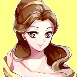 Rule 34 | 1girl, animification, beauty and the beast, belle (disney), brown eyes, brown hair, disney, hair up, kurabayashi, portrait, smile, solo, yellow background