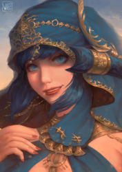 Rule 34 | 1girl, absurdres, au ra, warrior of light (ff14), blue eyes, blue hair, commentary, commission, emain (honkittyhonk), english commentary, final fantasy, final fantasy xiv, hand up, highres, looking at viewer, nail polish, parted lips, red nails, smile, solo, upper body, vivodka