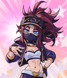 Rule 34 | 1girl, akali, blue eyes, blue jacket, bracelet, breasts, brown hair, cleavage, crop top, fingerless gloves, gloves, hand on own hip, high ponytail, jacket, jewelry, k/da (league of legends), k/da akali, league of legends, long hair, mask, mouth mask, navel, necklace, official alternate costume, official alternate hairstyle, open clothes, open jacket, phantom ix row, ponytail, single fingerless glove, solo, stomach