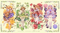 Rule 34 | 4girls, :d, ;), animal ears, ankle bow, ankle lace-up, ankle ribbon, ankle strap, aqua eyes, barefoot, bee, black bow, black footwear, black ribbon, bloomers, blue flower, blue pansy, bow, brown hair, bug, butterfly, butterfly wings, closed eyes, closed mouth, clover, clover (flower), clover hair ornament, collar, commentary, cross-laced footwear, crown, cup, curly hair, daisy, detached sleeves, dress, dress flower, english commentary, english text, facing viewer, flower, flower wreath, four-leaf clover, frilled collar, frills, full body, gloves, green dress, green ribbon, hair bow, hair flower, hair ornament, hairband, head scarf, high-waist skirt, highres, holding, holding flower, holding ribbon, honey, honey dipper, honeypot, hugging object, hydrangea, insect, insect wings, juliet sleeves, leg ribbon, legs together, light blush, long sleeves, looking at viewer, looking back, low twintails, low wings, mini crown, multiple girls, neck ruff, nemophila (flower), off-shoulder dress, off shoulder, one eye closed, open mouth, orange butterfly, orange hair, orange ribbon, original, oversized flower, pansy, petticoat, pink butterfly, pink flower, pink hair, pink ribbon, pom pom (clothes), puffy sleeves, purple butterfly, purple dress, purple eyes, purple flower, purple footwear, red bow, red flower, red footwear, red hairband, red rose, red skirt, ribbon, ringlets, rose, saucer, shirt, shoes, short hair with long locks, short sleeves, sidelocks, skirt, sleeveless, sleeveless shirt, sleeves past fingers, sleeves past wrists, smile, swept bangs, tea, teacup, teapot, thighhighs, twintails, underwear, veil, welchino, white flower, white gloves, white shirt, white thighhighs, white veil, wide sleeves, wings, wispy bangs, wrist cuffs, yellow background, yellow dress, yellow eyes, yellow flower