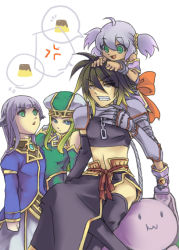 Rule 34 | 1boy, 3girls, albel nox, anger vein, angry, animal ears, bare shoulders, blonde hair, blue eyes, brown eyes, brown hair, cat ears, claws, clenched teeth, coko, flat chest, food, freya (valkyrie profile), gradient hair, green eyes, grey hair, hand on head, hat, lenneth valkyrie, long hair, midriff, multicolored hair, multiple girls, open mouth, pudding, short twintails, souffle rosetti, spoken anger vein, square enix, star ocean, star ocean till the end of time, teeth, thought bubble, tri-ace, twintails, valkyrie profile (series)