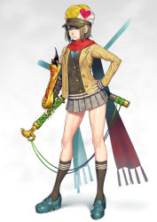 Rule 34 | 1girl, black socks, blue eyes, blue necktie, brown hair, full body, grey skirt, hat, holding, holding sword, holding weapon, jacket, katana, loafers, long sleeves, looking at viewer, miniskirt, necktie, ogino (oginogino), open clothes, open jacket, original, pleated skirt, red scarf, scabbard, scarf, sheath, shoes, short hair, skirt, socks, solo, standing, suit jacket, sword, weapon