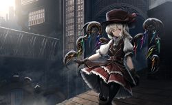 Rule 34 | 1girl, belt, black gloves, blonde hair, blouse, building, closed mouth, day, flandre scarlet, fog, gears, gloves, hat, highres, mecha, outdoors, pantyhose, puffy short sleeves, puffy sleeves, red eyes, red skirt, revision, robot, ryosios, shirt, short hair, short sleeves, skirt, smile, solo, steam, steampunk, top hat, touhou, vest, victorian, white shirt, wings