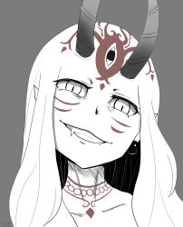 Rule 34 | 1girl, fangs, fate/grand order, fate (series), grey background, highres, horns, ibaraki douji (fate), looking at viewer, monochrome, monster girl, oni, simple background, slit pupils, smile, smirk, tagme, tattoo, teeth