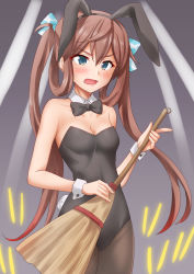 Rule 34 | 1girl, animal ears, anti (untea9), asagumo (kancolle), black leotard, black pantyhose, blush, breasts, broom, brown hair, cleavage, cowboy shot, detached collar, fake animal ears, fake tail, grey eyes, highres, holding, holding broom, kantai collection, leotard, long hair, open mouth, pantyhose, playboy bunny, rabbit ears, rabbit tail, small breasts, solo, strapless, strapless leotard, tail, wrist cuffs